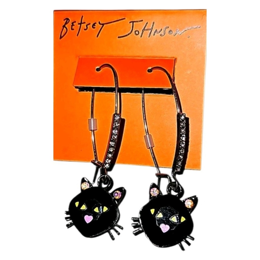 NWT Betsey Johnson Black Cat Dangling Earrings Pink Crystal‎ Halloween RTL $48